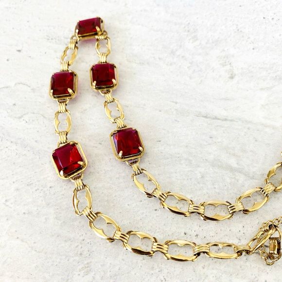 Harry S Bick Ruby Glass Gold Filled Necklace 20 In Vintage Signed Stunner - Picture 10 of 11